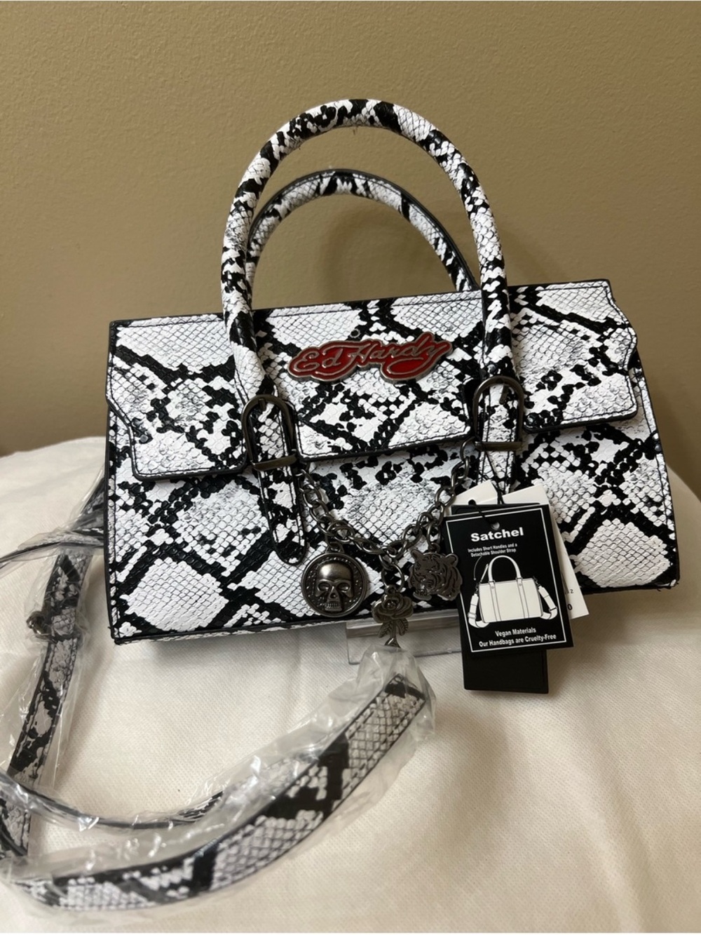 Ed Hardy Black & White Snake-Print Satchel with Charms